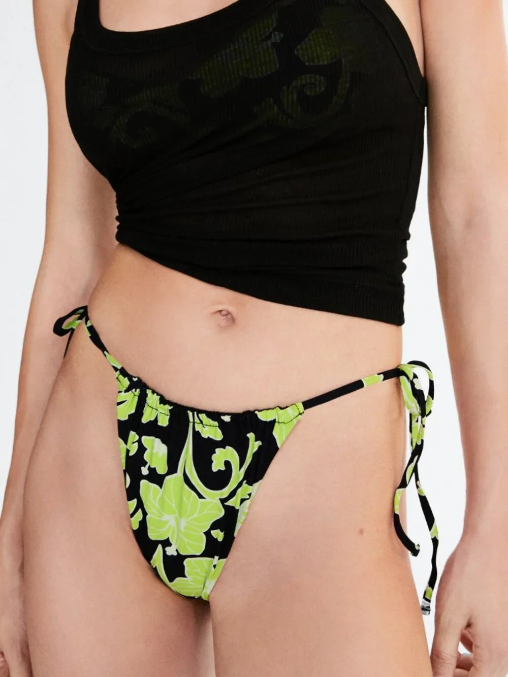 Mango Floral Bikini Bottom – Black & Neon Green 🌺